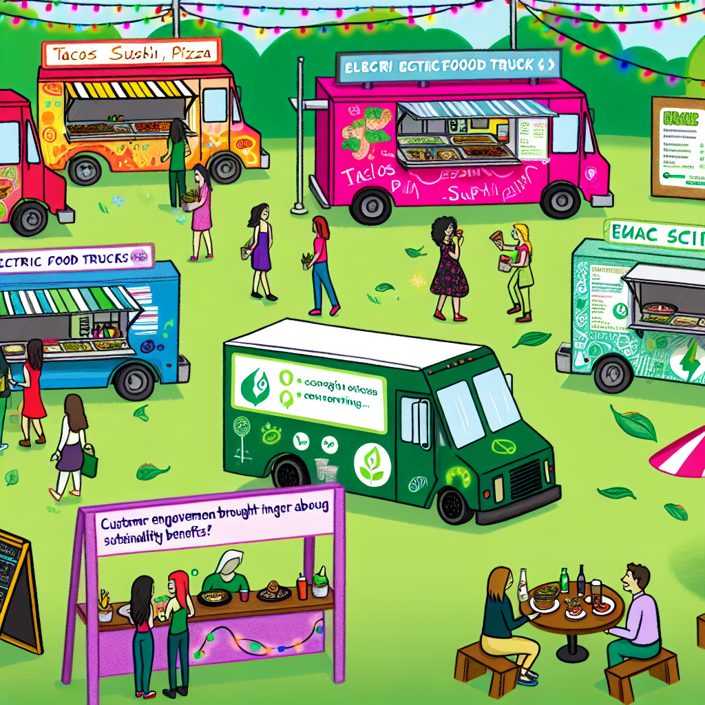 An illustrated scene depicting various food trucks at a festival, highlighting successful case studies of electric food truck conversions and customer engagement.