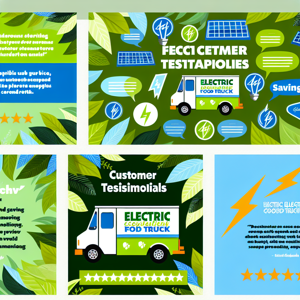 A collage of positive customer testimonials about electric food trucks, emphasizing their benefits for customer satisfaction and savings.