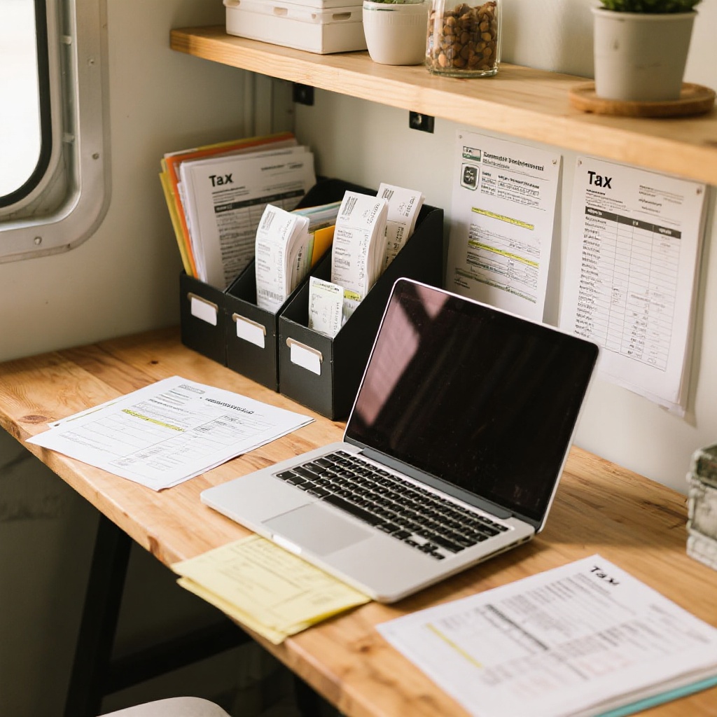 An organized workspace with receipts, a laptop, and tax documents related to food truck operations for maintaining records.