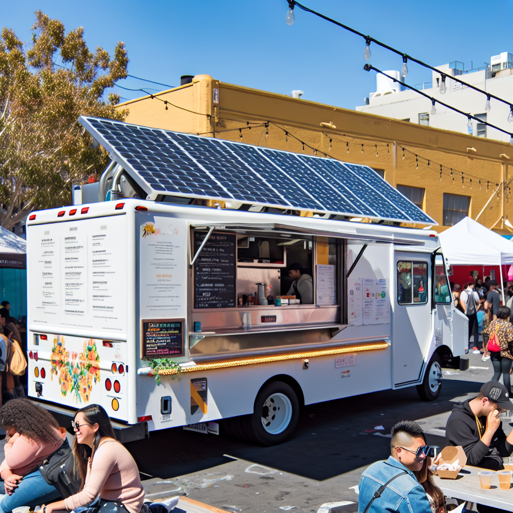 A food truck equipped with solar panels, showcasing its eco-friendly design and vibrant atmosphere at a street food festival.