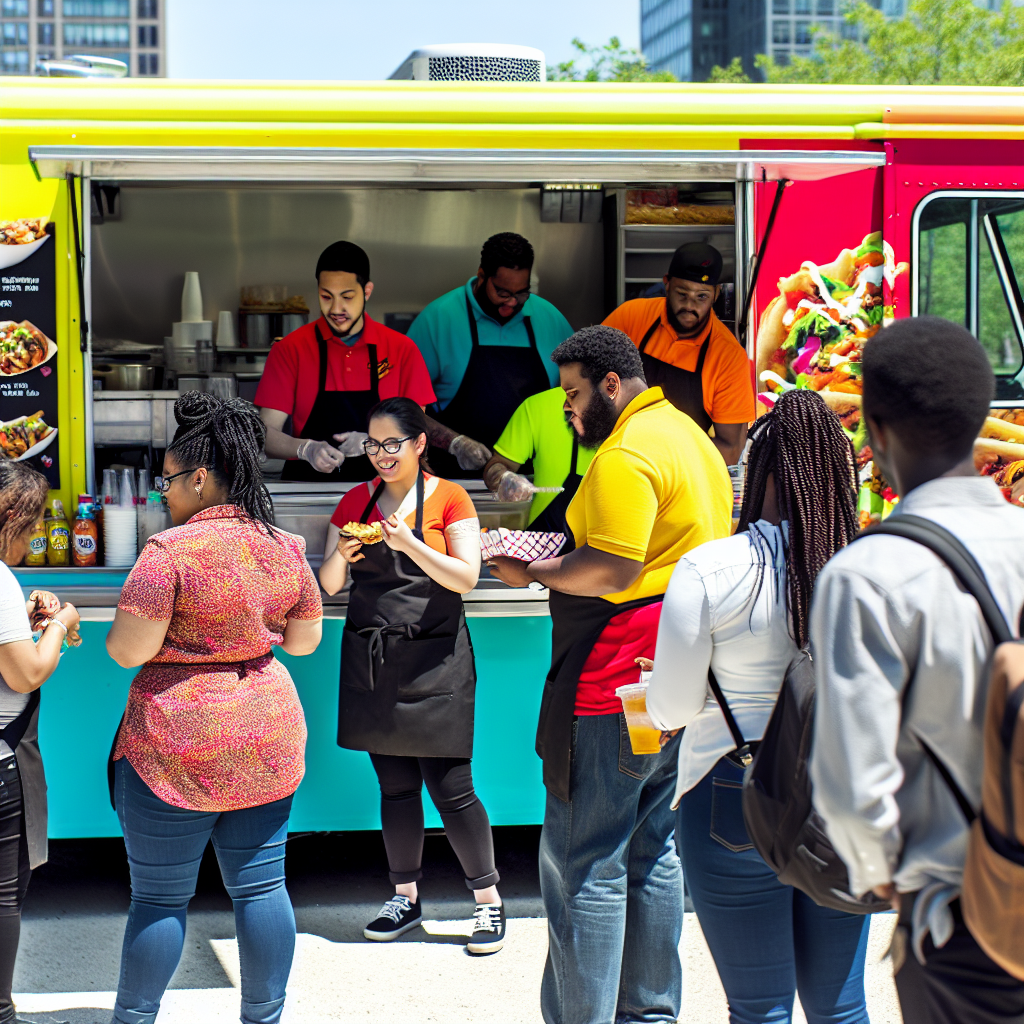 Food truck staff wearing uniforms while serving customers