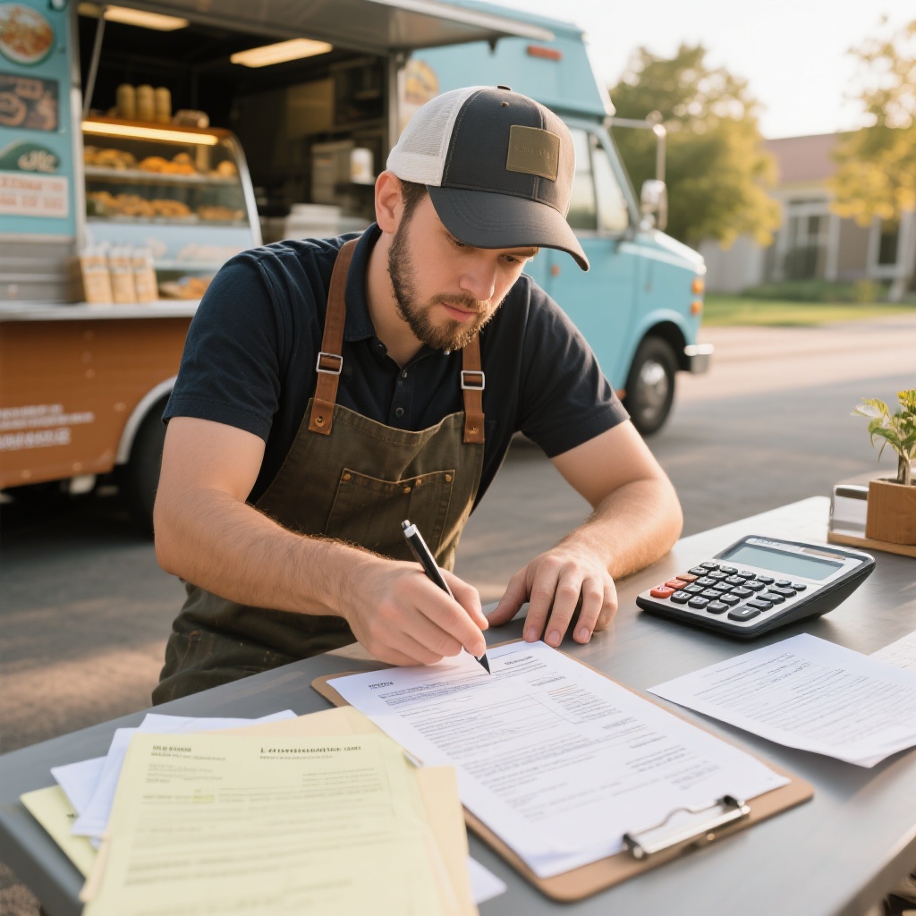 Food truck owner analyzing tax deductions with a calculator and paperwork.