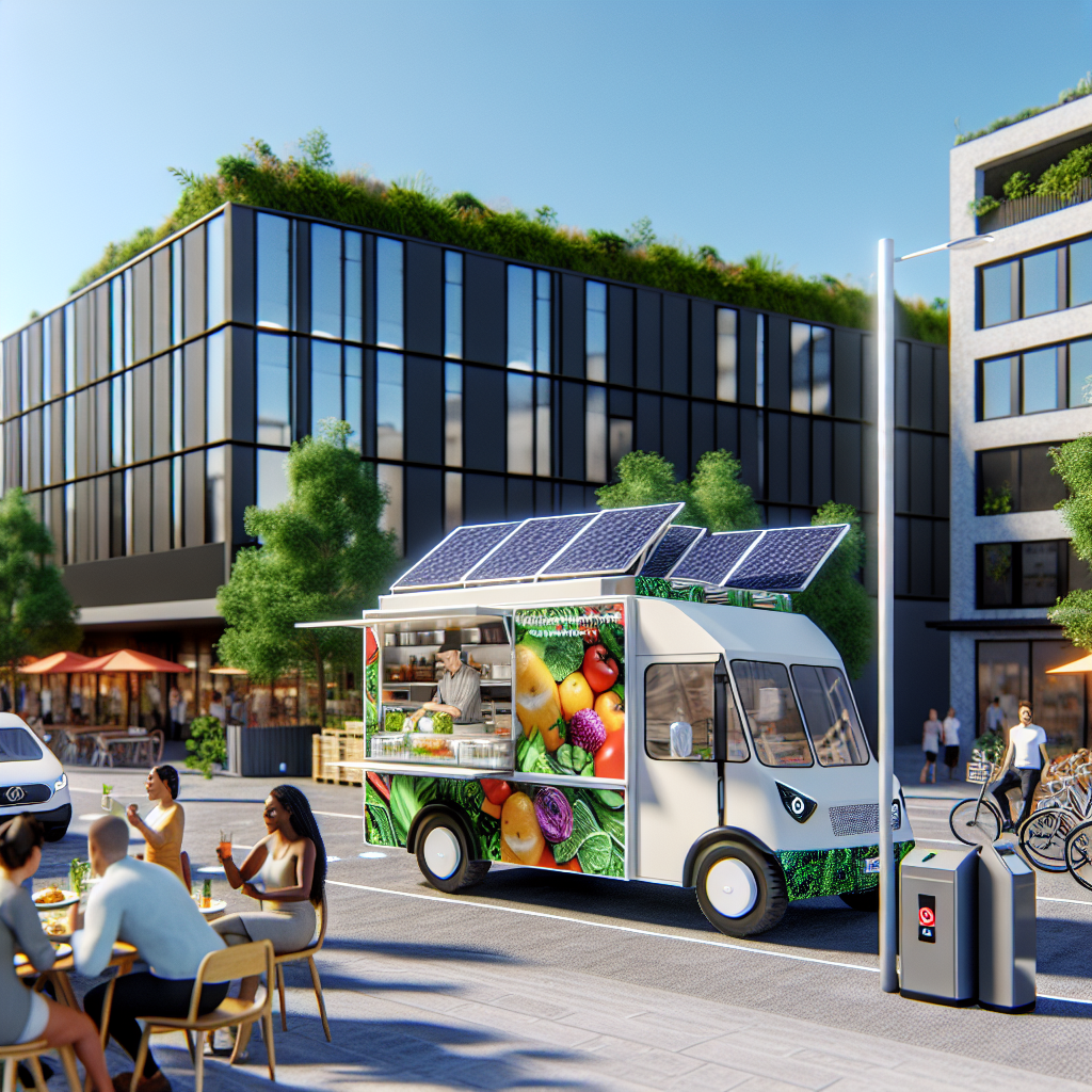 A modern electric food truck operating in a vibrant urban environment, showcasing its clean and sleek design while highlighting the liveliness of street food culture.