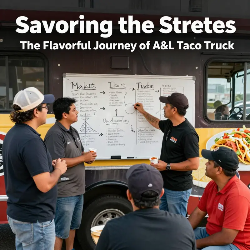 A&L Taco Truck bustling with energy and surrounded by taco enthusiasts in an urban environment.