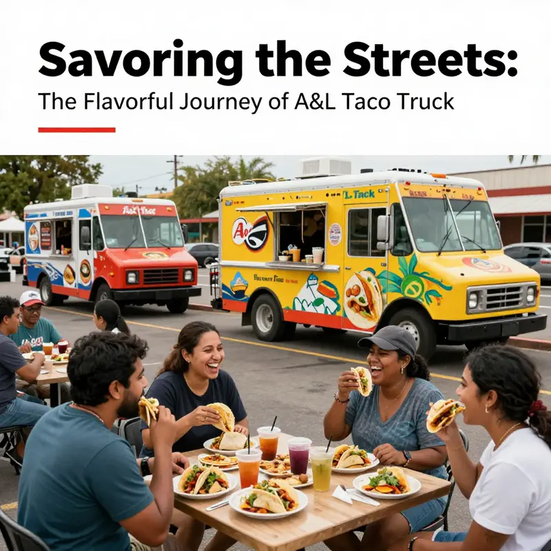 A vibrant taco truck lot with A&L Taco Truck in the center, surrounded by satisfied customers.