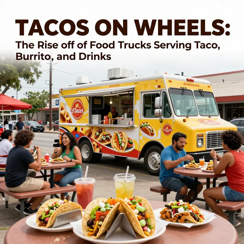 A cheerful food truck serving tacos and burritos in a lively urban setting, with diners enjoying their meals.