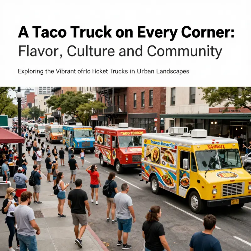 An urban street scene showcasing various taco trucks and enthusiastic crowds enjoying their food.