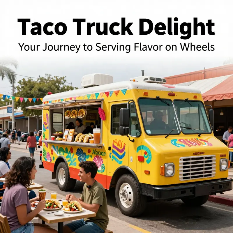 A vibrant taco truck in a bustling street, filled with smiling customers enjoying delicious tacos, reflecting the joy of street food.