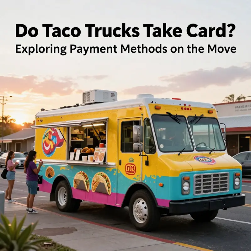 A colorful taco truck scene with people enjoying their meals at sunset.