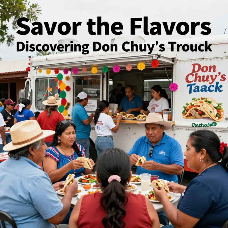 Happy customers enjoying Don Chuy’s tacos during a vibrant Madera sunset.