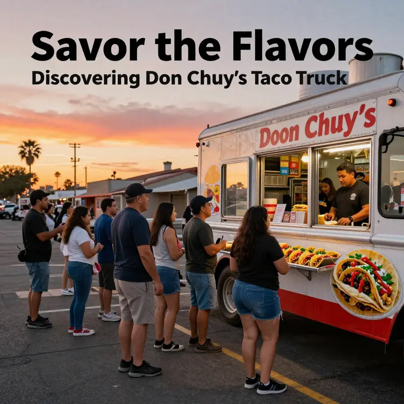 Happy customers enjoying Don Chuy’s tacos during a vibrant Madera sunset.