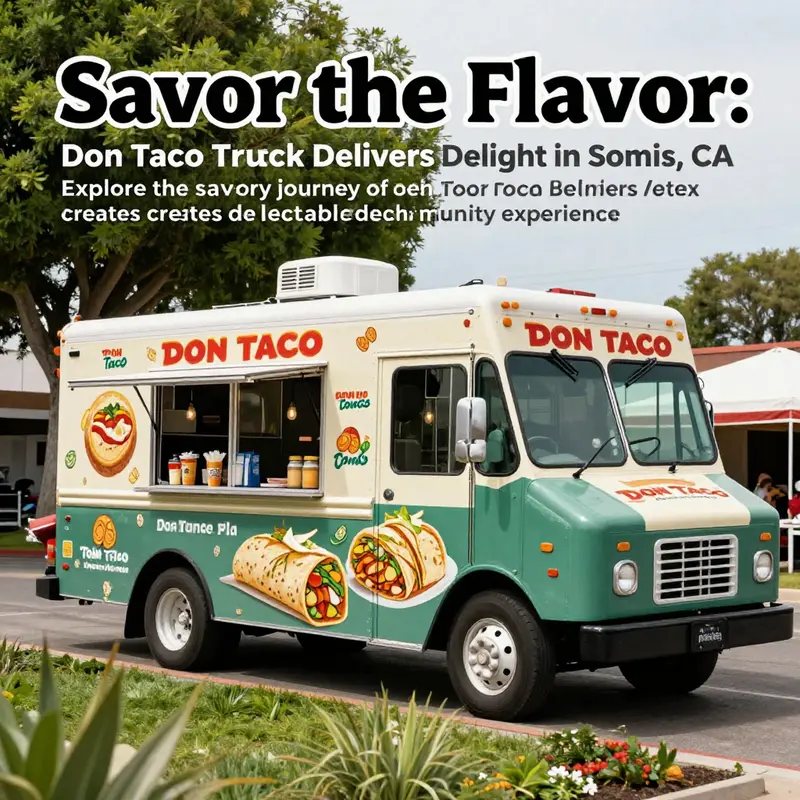 Don Taco food truck parked in a lively area, with a beautiful backdrop of trees and vibrant community activity.