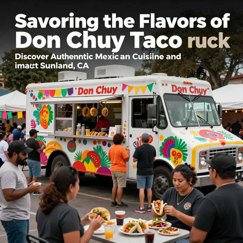 Don Chuy Taco Truck in a festive setting, filled with people enjoying delicious tacos together.