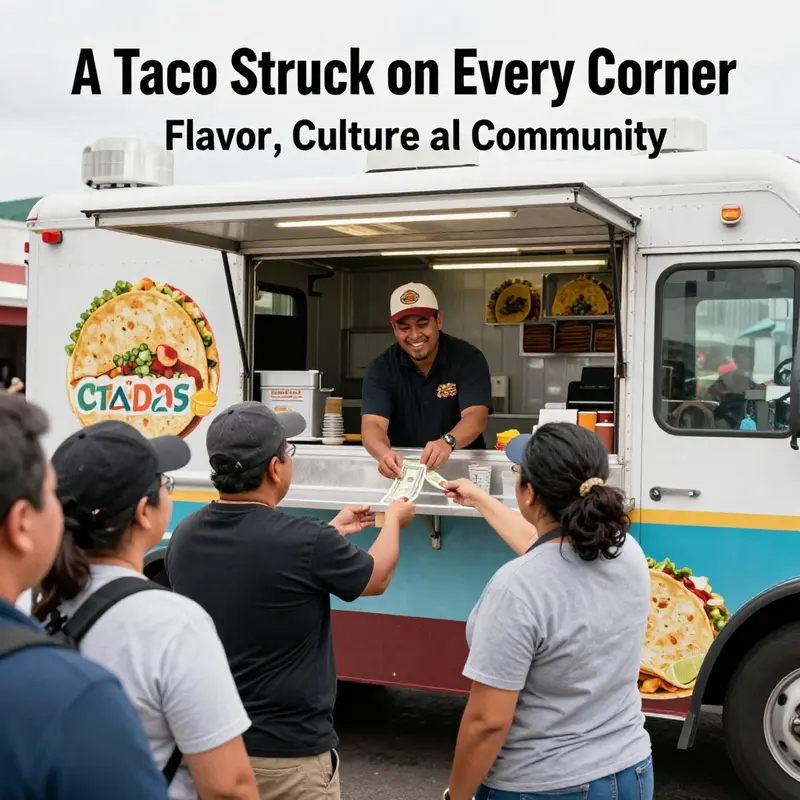 A bustling taco truck scene that captures the vibrant culture surrounding these culinary mobile icons.