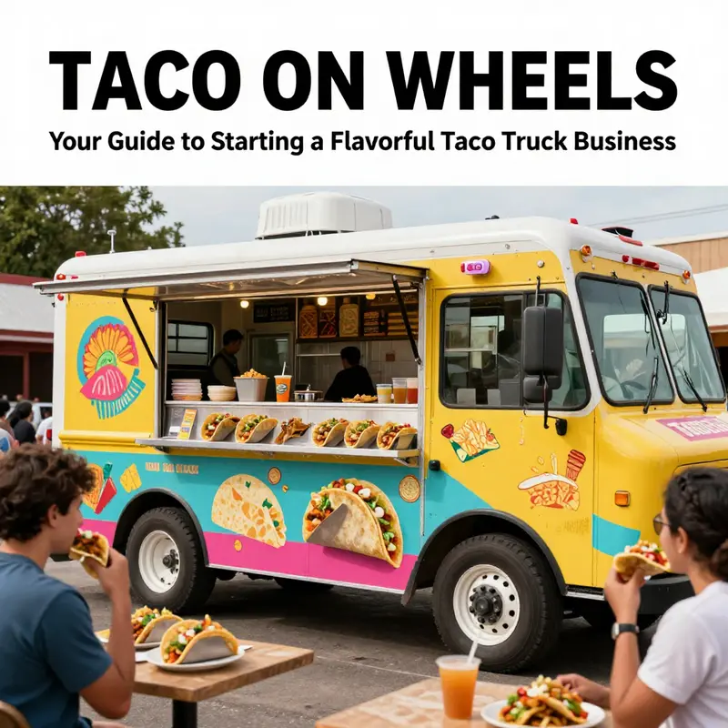 A colorful taco truck serving excited customers in a bustling outdoor area.