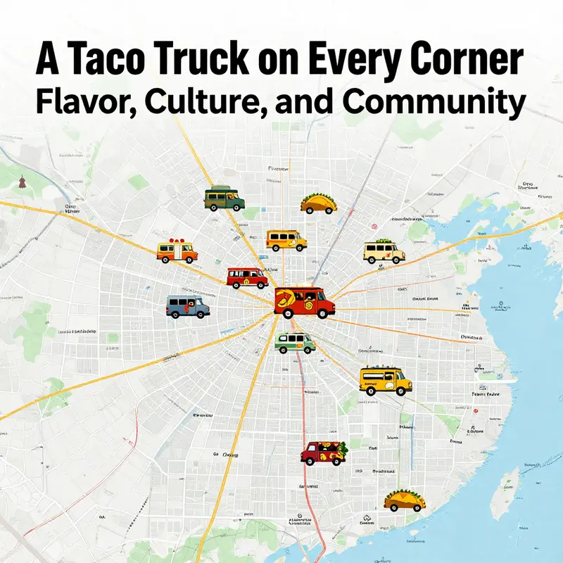 A bustling taco truck scene that captures the vibrant culture surrounding these culinary mobile icons.