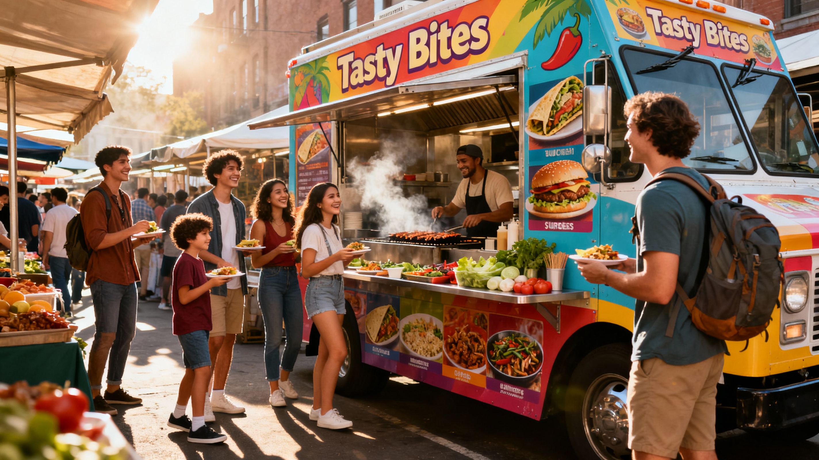 A vibrant food truck operating at a busy street food market