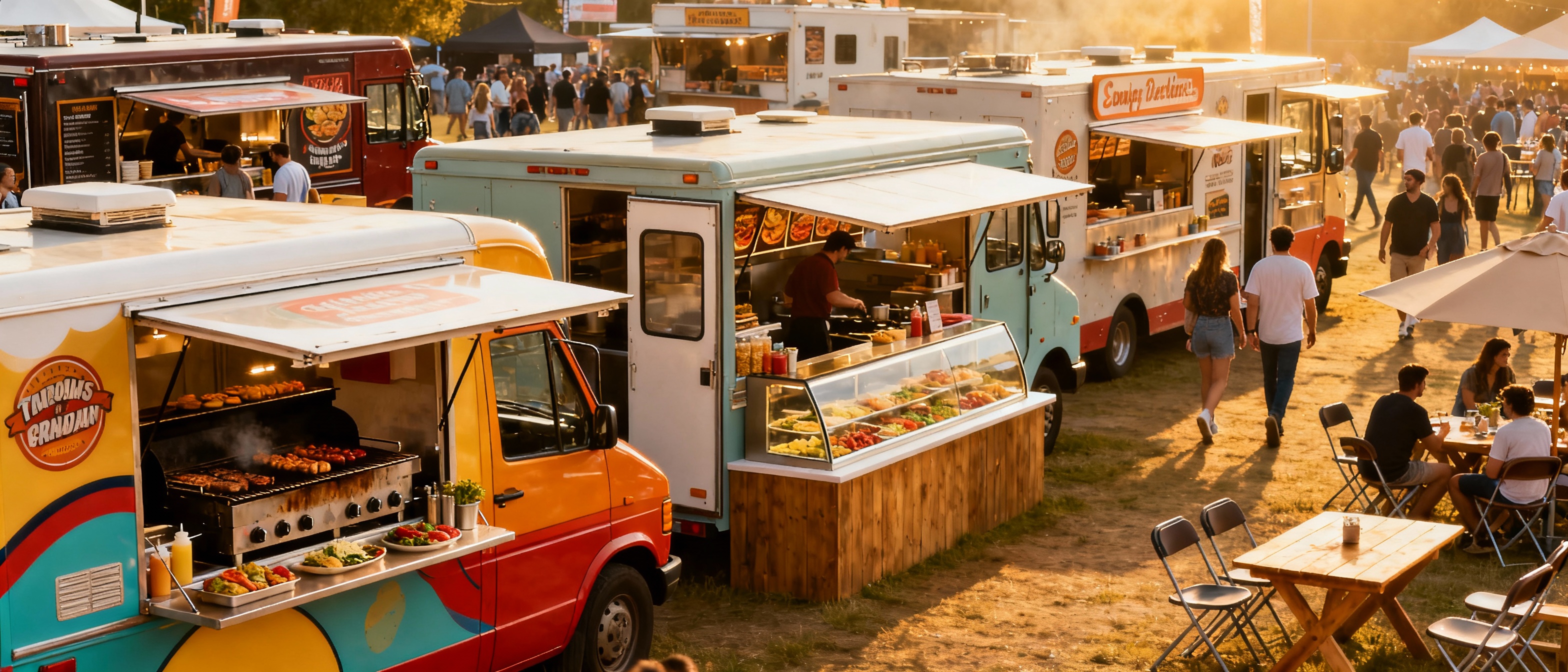 An overview of various food truck models parked in a festival