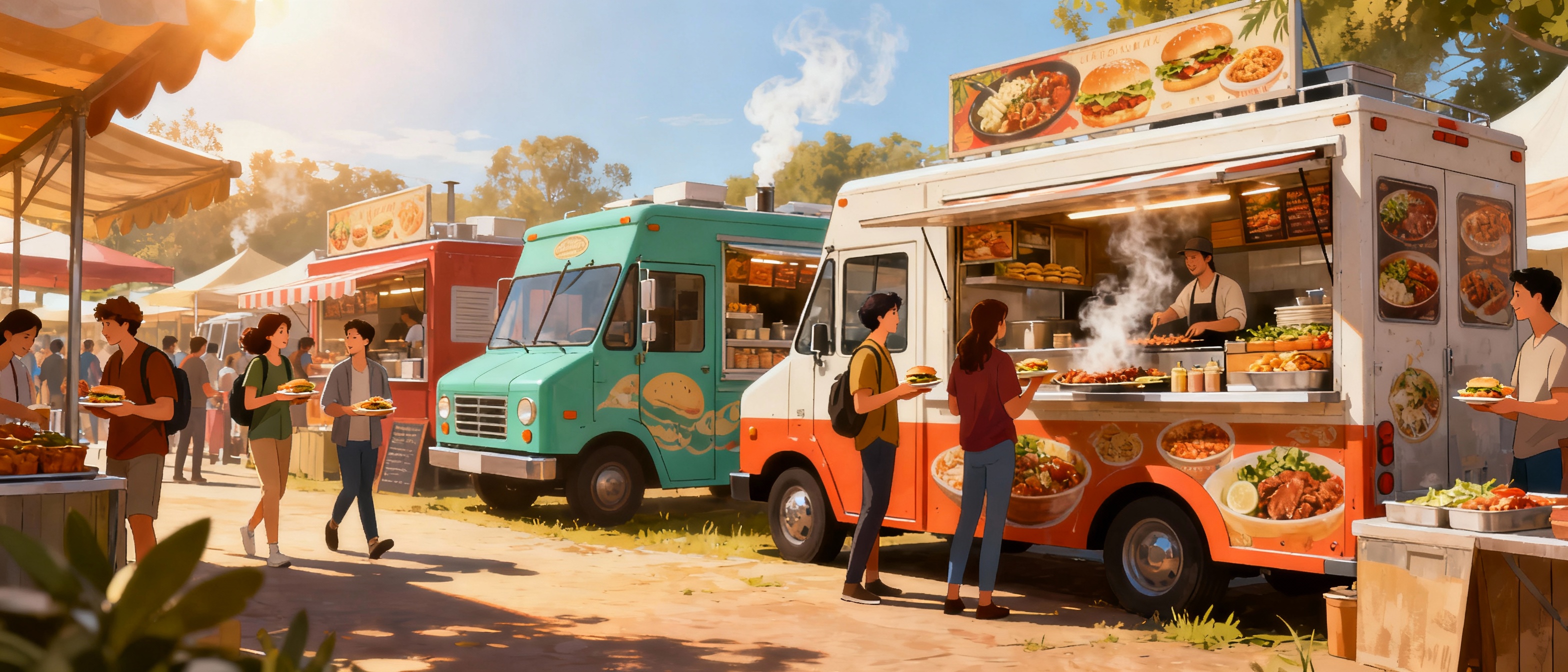 Various food truck models in a bustling food market