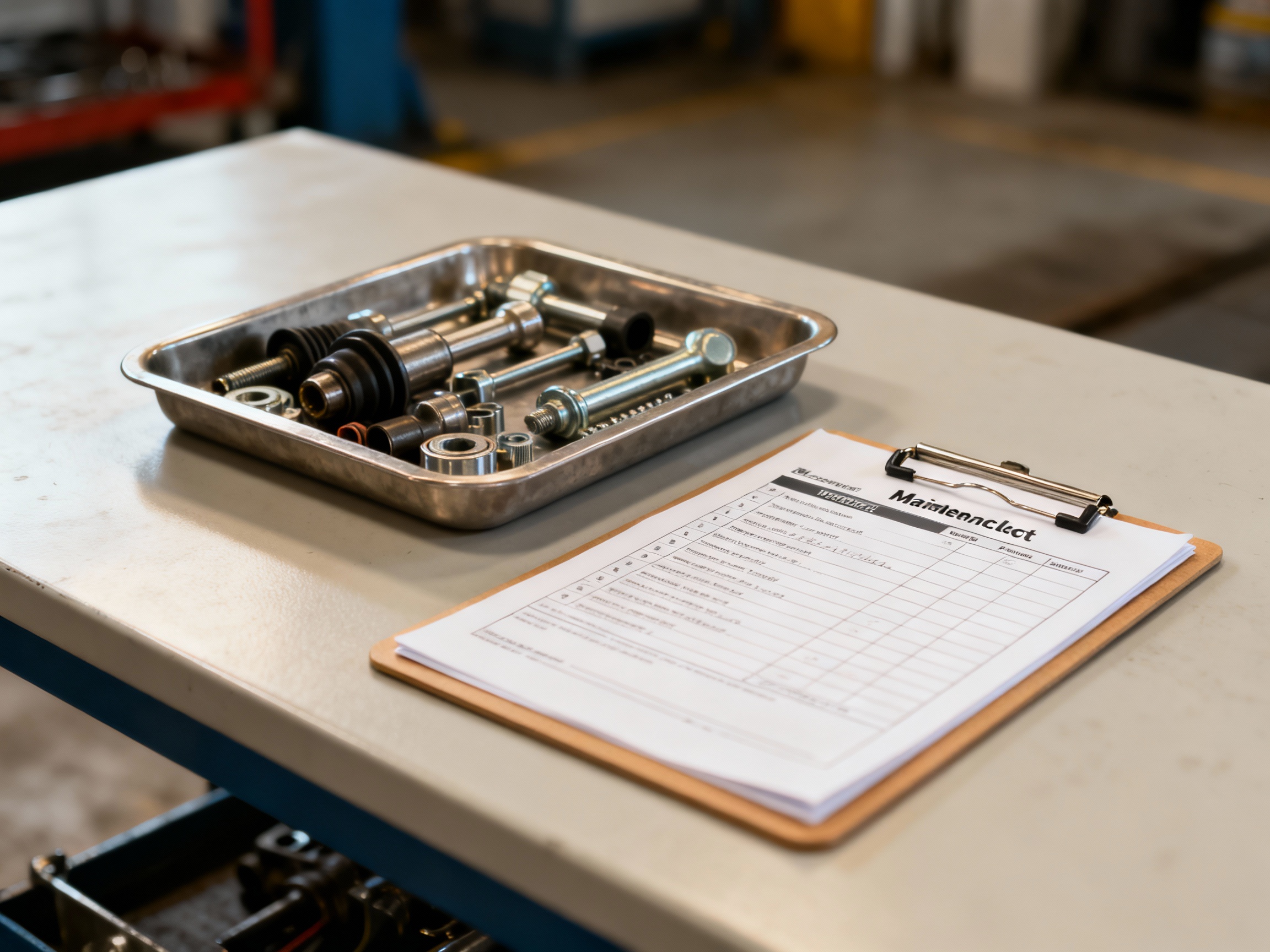 Second maintenance scene showing a tray of spare parts and a clipboard with a maintenance checklist on a clean work surface