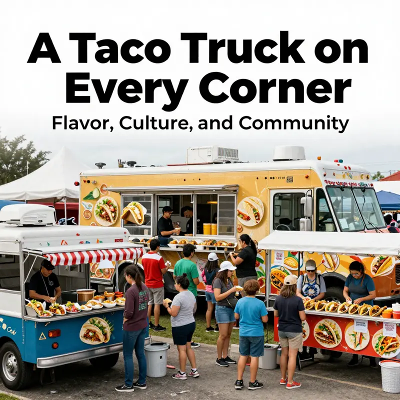 A bustling taco truck scene that captures the vibrant culture surrounding these culinary mobile icons.