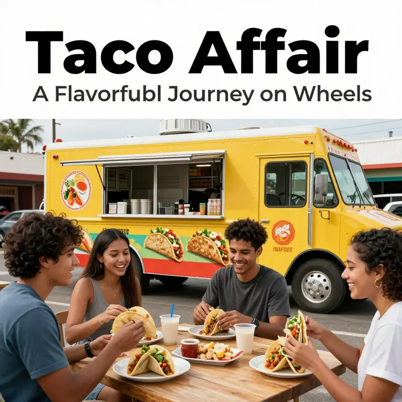 A lively food truck atmosphere where customers enjoy tacos from the Taco Affair food truck.