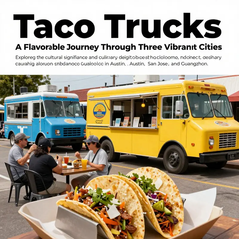 A collection of taco food trucks serving delicious street food, filled with happy patrons enjoying the lively atmosphere.