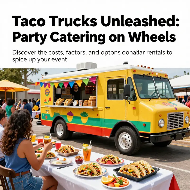 A taco truck amidst a lively party scene with guests enjoying a variety of tacos under colorful decorations.