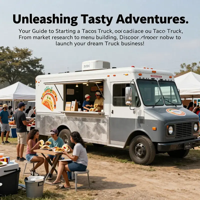 A lively taco truck scene at a festival, illustrating the communal joy of enjoying tacos together.
