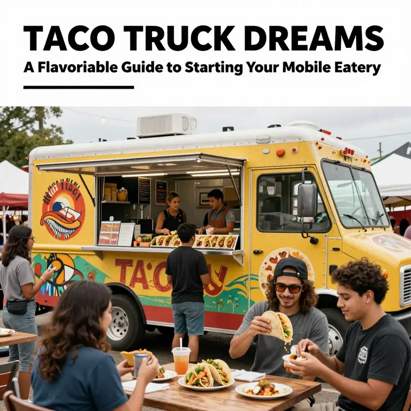 A vibrant taco truck at a food festival with customers enjoying tacos in a lively atmosphere, capturing the essence of culinary joy.