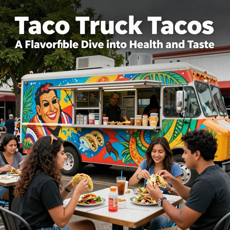 A vibrant taco truck surrounded by happy customers relishing their tacos.