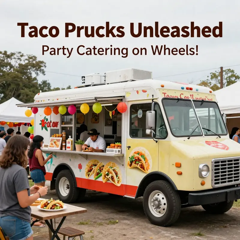 A lively taco truck setting up for a joyful party, captivating guests with its delicious offerings.