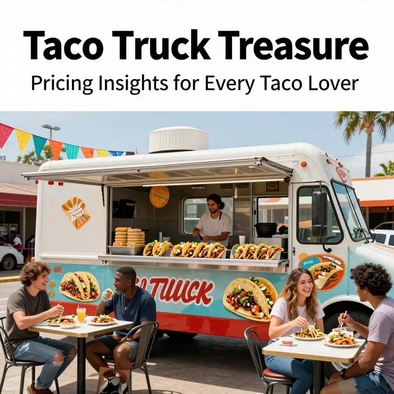 A cheerful taco truck scene featuring diverse tacos, bright decorations, and satisfied customers.