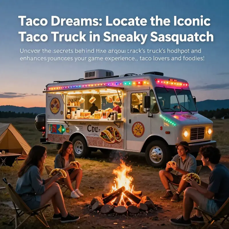 A captivating evening scene depicting the taco truck illuminated in colorful lights, with campers socializing and enjoying tacos by a campfire.