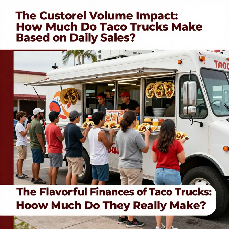 A taco truck in a bustling urban area, highlighting the potential revenue from high customer volume.