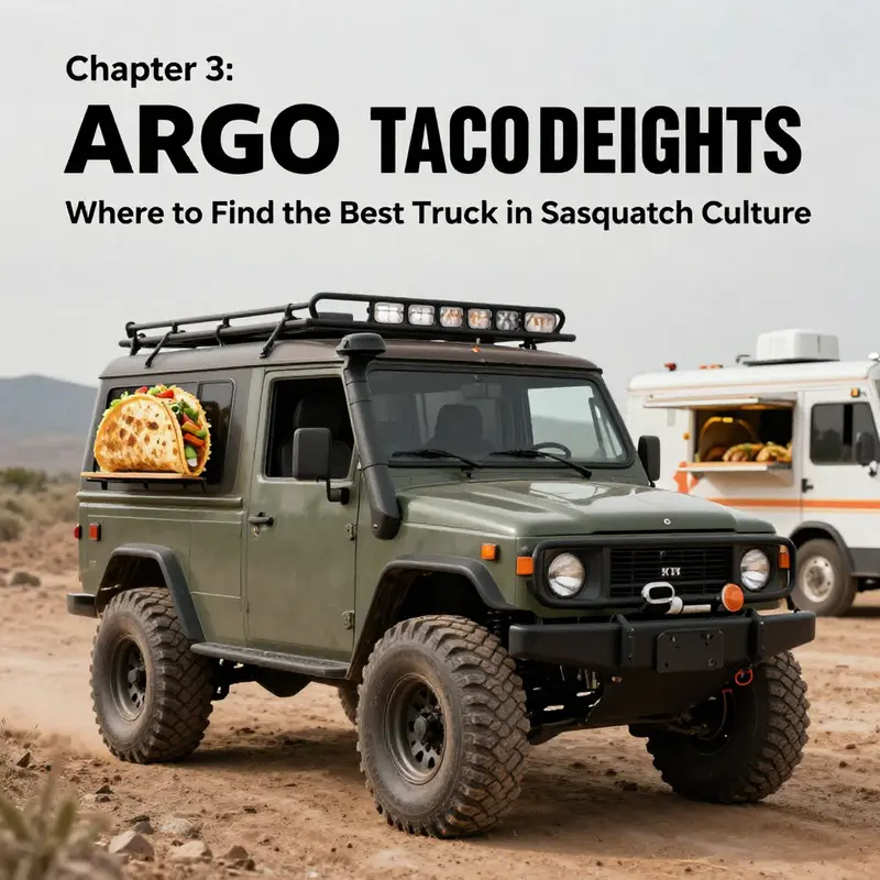 Imagining taco trucks blending with Sasquatch legends in a whimsical forest setting.