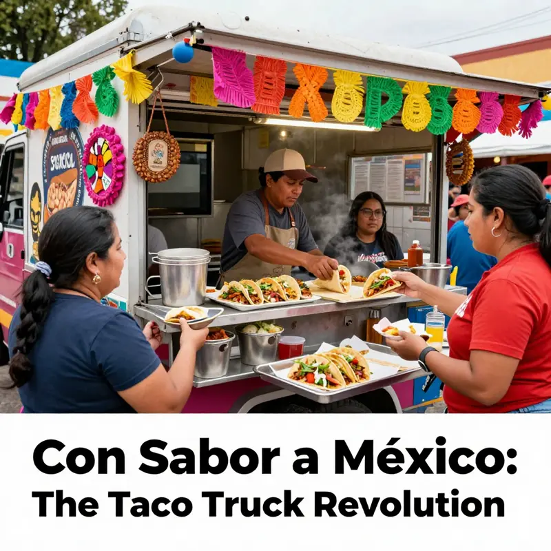 A busy taco truck serving happy customers, showcasing vibrant decorations and a lively atmosphere.