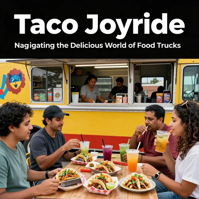 A lively food truck environment where consumers savor tacos and drinks.