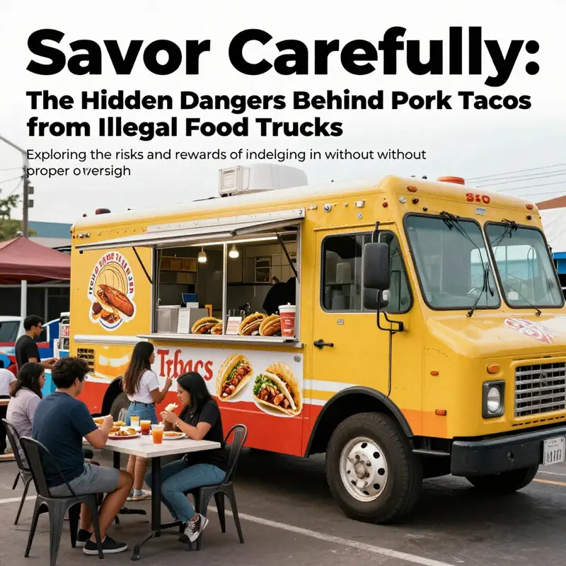 A lively food truck scene with happy customers, emphasizing the joy of street food alongside the importance of safety.