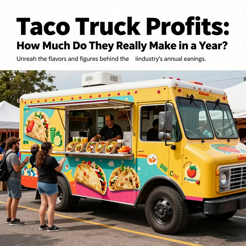 A colorful taco truck at a festival with customers enjoying a variety of tacos.