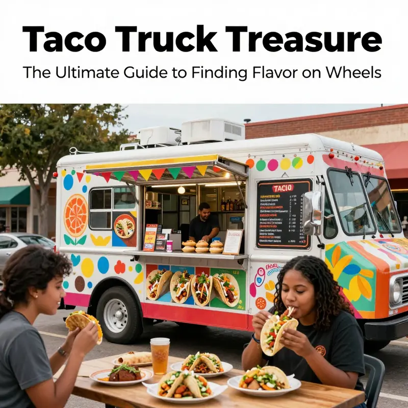 An inviting taco truck in a colorful urban setting, showcasing delicious tacos and happy customers.