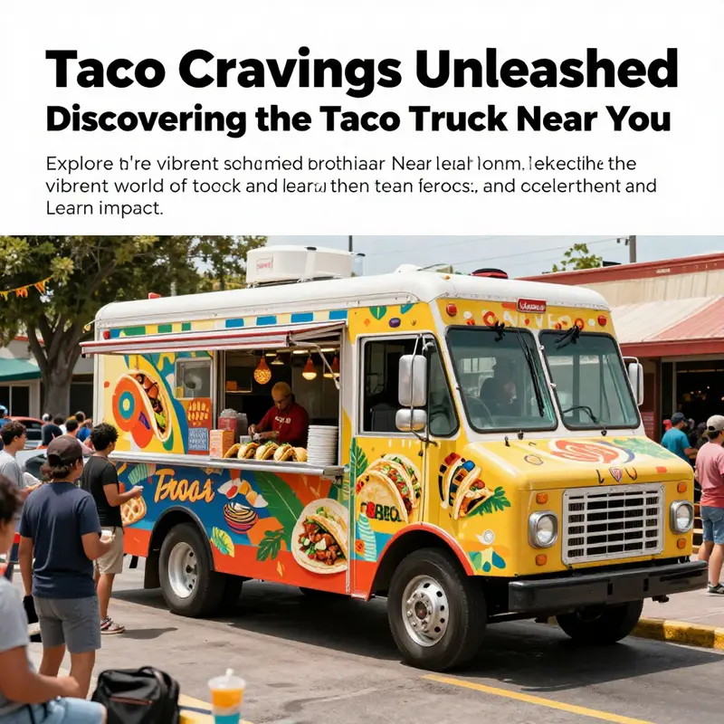 A taco truck bustling with activity, surrounded by happy customers enjoying their meals in a lively urban setting.