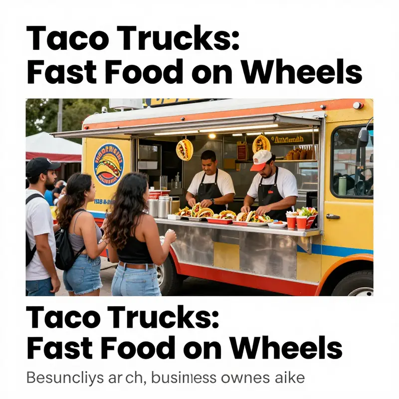 A taco truck surrounded by happy customers enjoying fresh tacos, representing the essence of fast food culture.