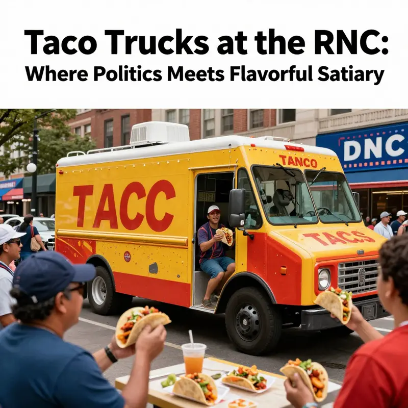A lively taco truck scene with excited fans amidst political signs, highlighting the intersection of culture and politics.