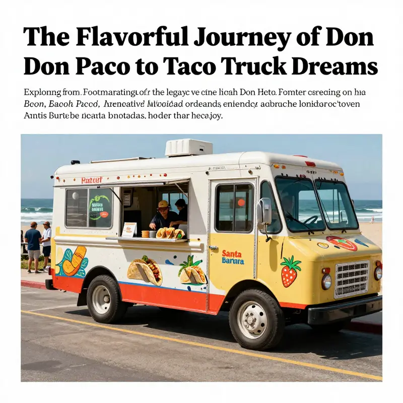 A cheerful taco truck scene at the Santa Barbara coast, where diners enjoy delicious tacos against a sunny backdrop.