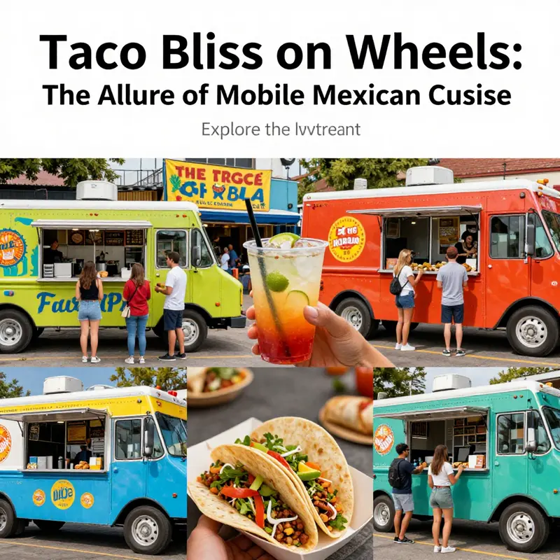 A lively urban scene with food trucks serving tacos and burritos, filled with happy customers enjoying their meals.