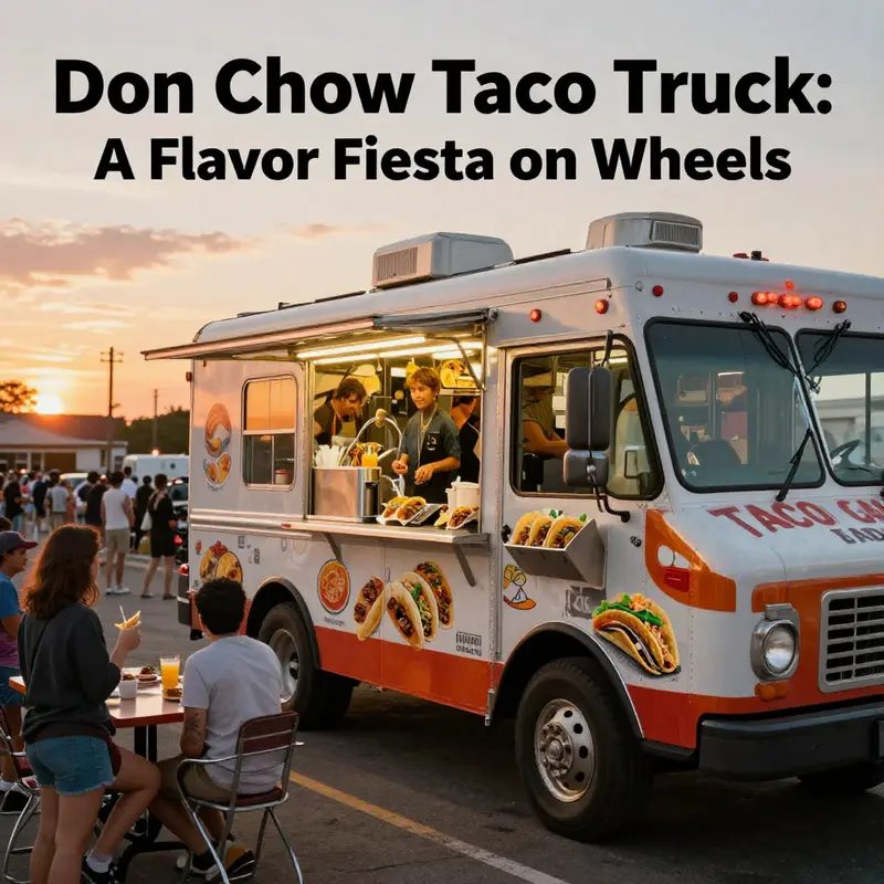 A taco truck at sunset, bustling with customers and showcasing various tacos.