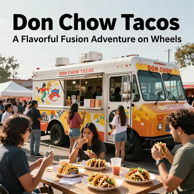 An outdoor festival scene depicting the Don Chow Tacos food truck and excited customers enjoying fusion tacos in the sunlight.