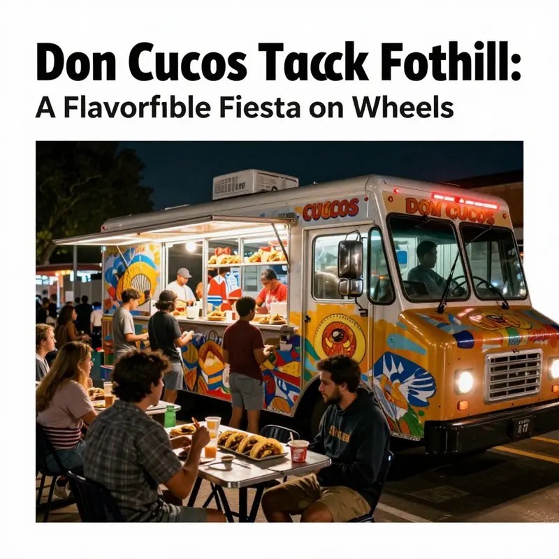 A vibrant image of Don Cucos Taco Truck bustling with activity at night, with colorful tacos being served to enthusiastic customers.