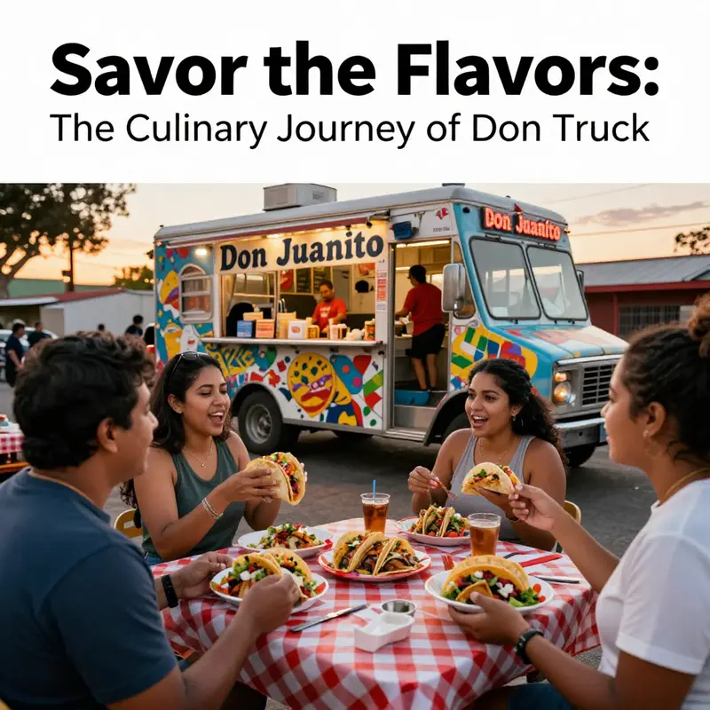 Don Juanito Taco Truck serving delicious tacos to happy customers during sunset in a lively outdoor setting.